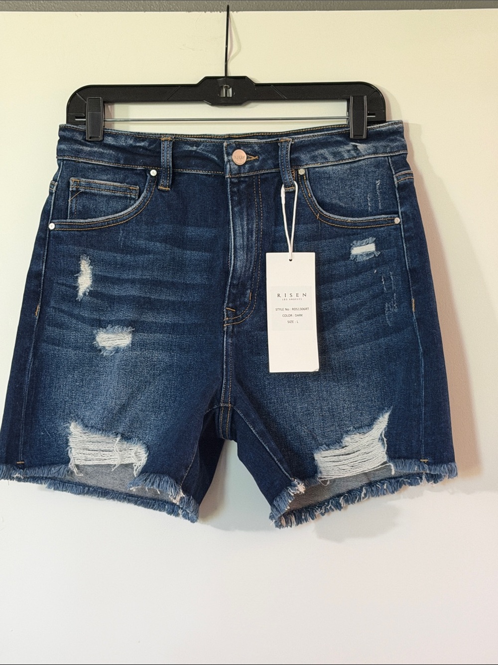 Risen Dark Blue Distressed Denim Jean Shorts - Mid Rise